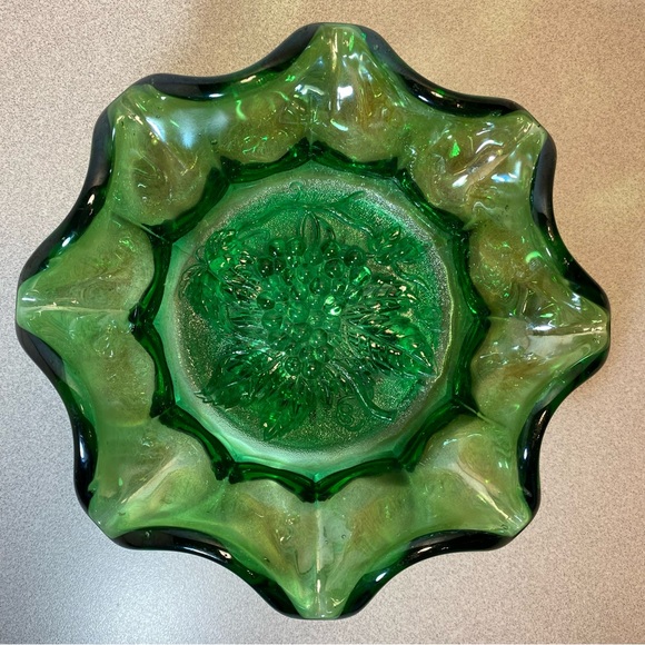 Imperial Carnival Green Glass Ruffled Bowl with Embossed Grape Pattern Vintage - Picture 2 of 10